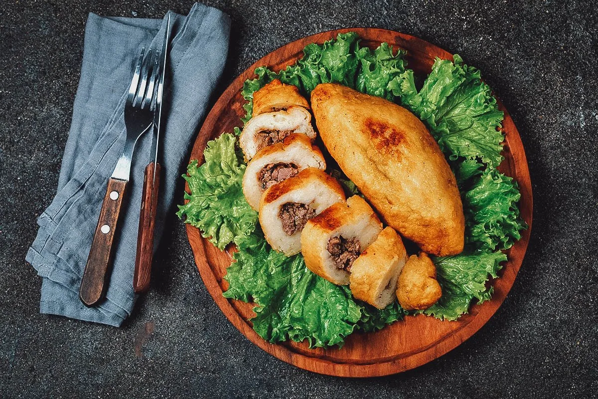 Chilean Food Papa rellena, a type of Chilean croquette made with ground beef and mashed potatoes