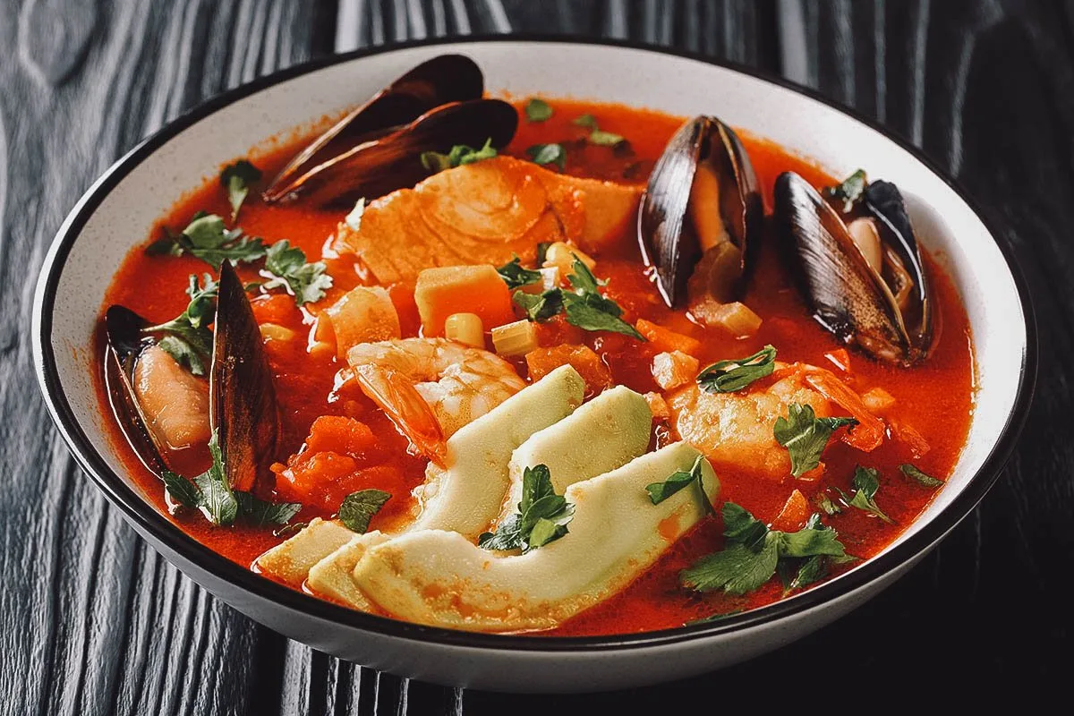 Chilean Food Caldillo de mariscos, a typical Chilean dish made with seafood