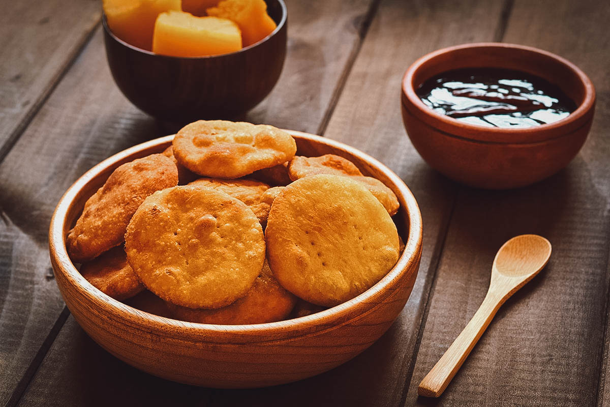 Sopaipilla, a type of fried Chilean pastry that can be eaten sweet with honey or jam, or savory with chili sauce