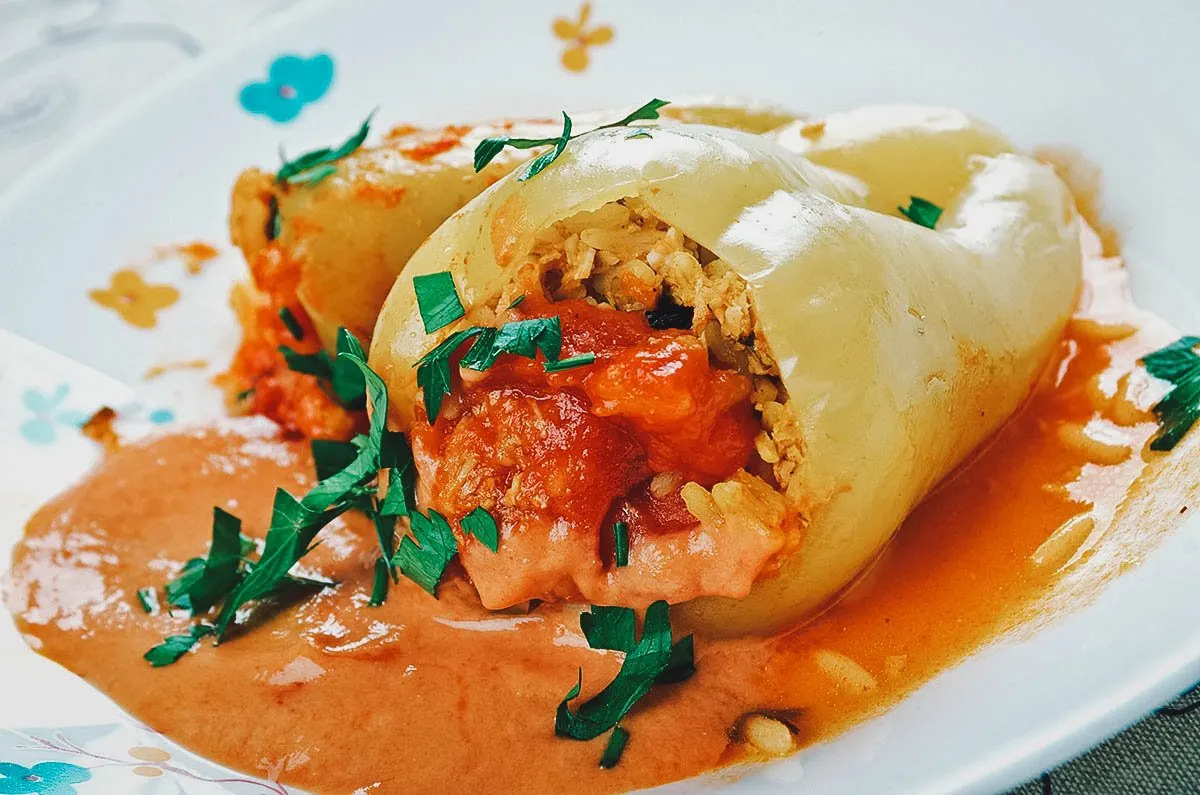 Romanian Food Ardei umpluti, Romanian bell peppers stuffed with minced meat and rice