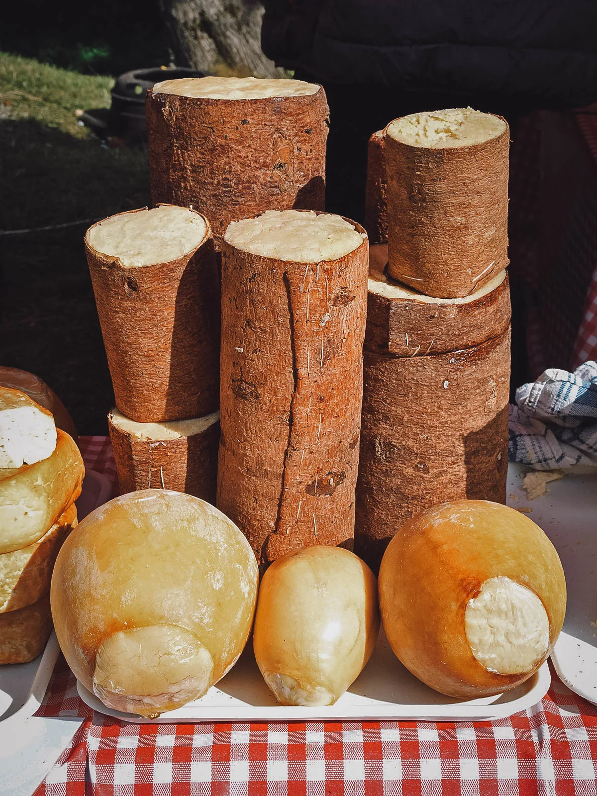 Romanian branza de burduf stuffed in pine bark and sheep skin casings