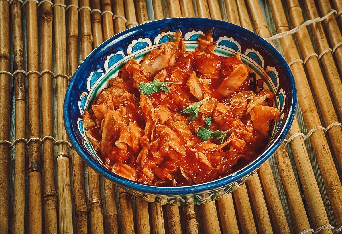 Romanian Food Varza calita, a traditional Romanian dish of braised sauerkraut