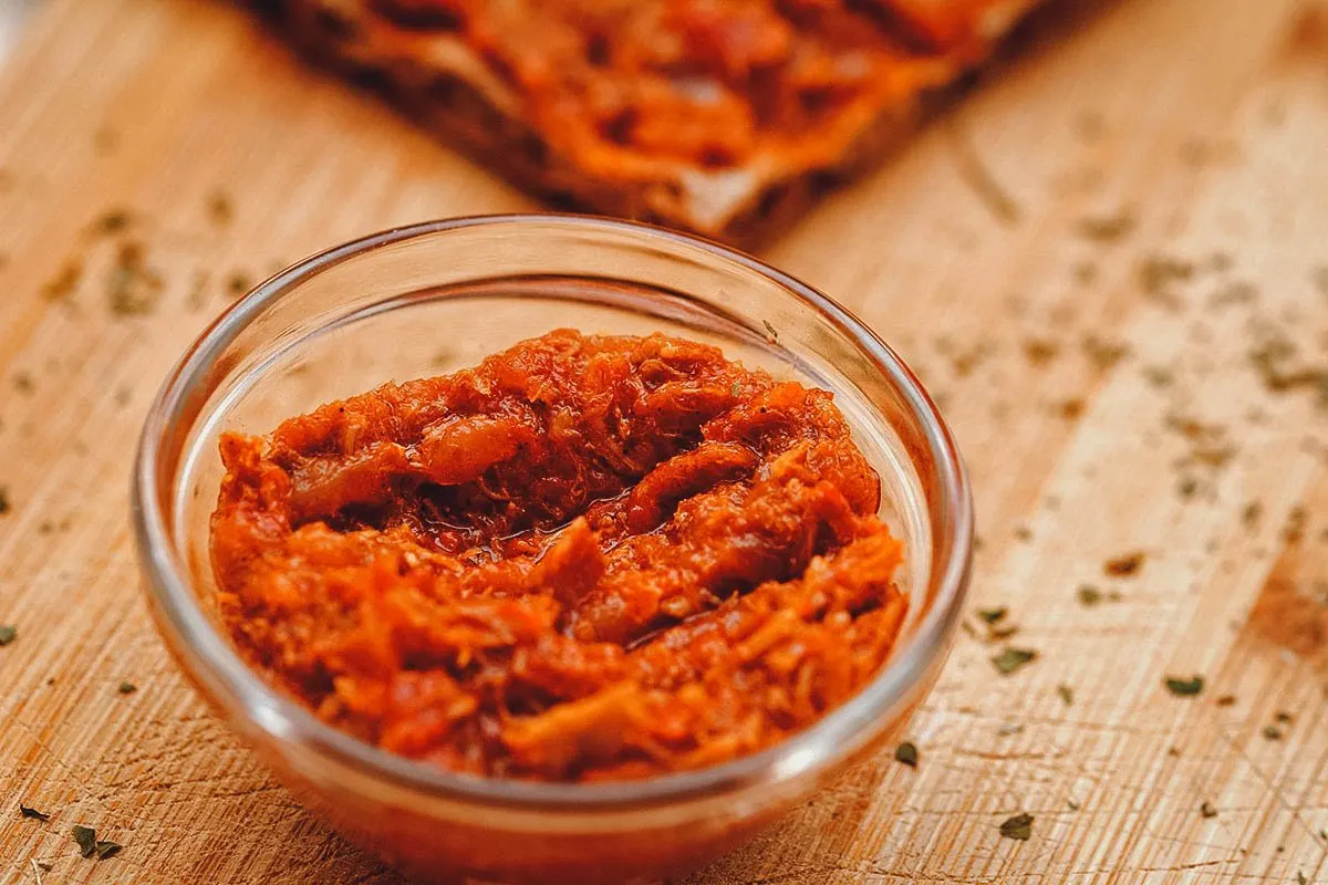 Romanian Food Zacusca, a Romanian eggplant and red pepper dip