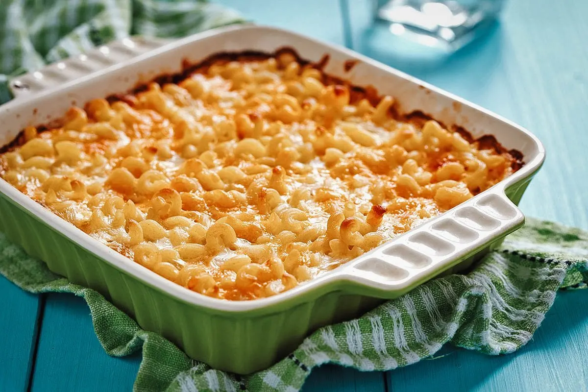 Baked macaroni and cheese, a popular side dish in the Bahamas