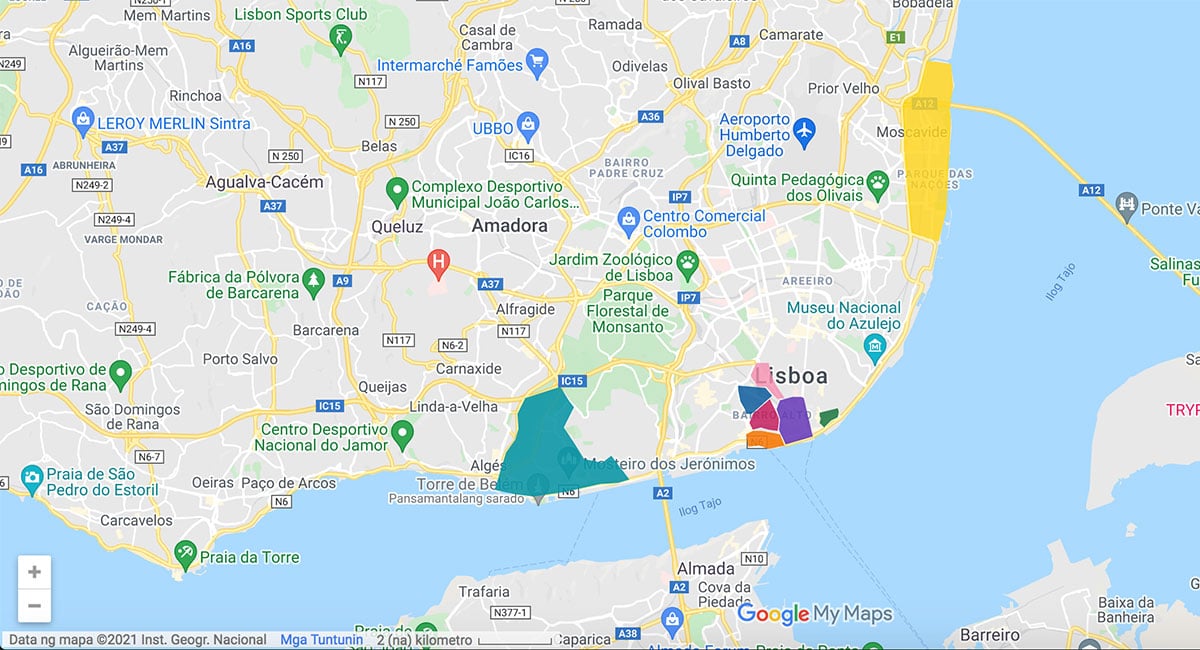 Map with recommended areas to stay in Lisbon, Portugal
