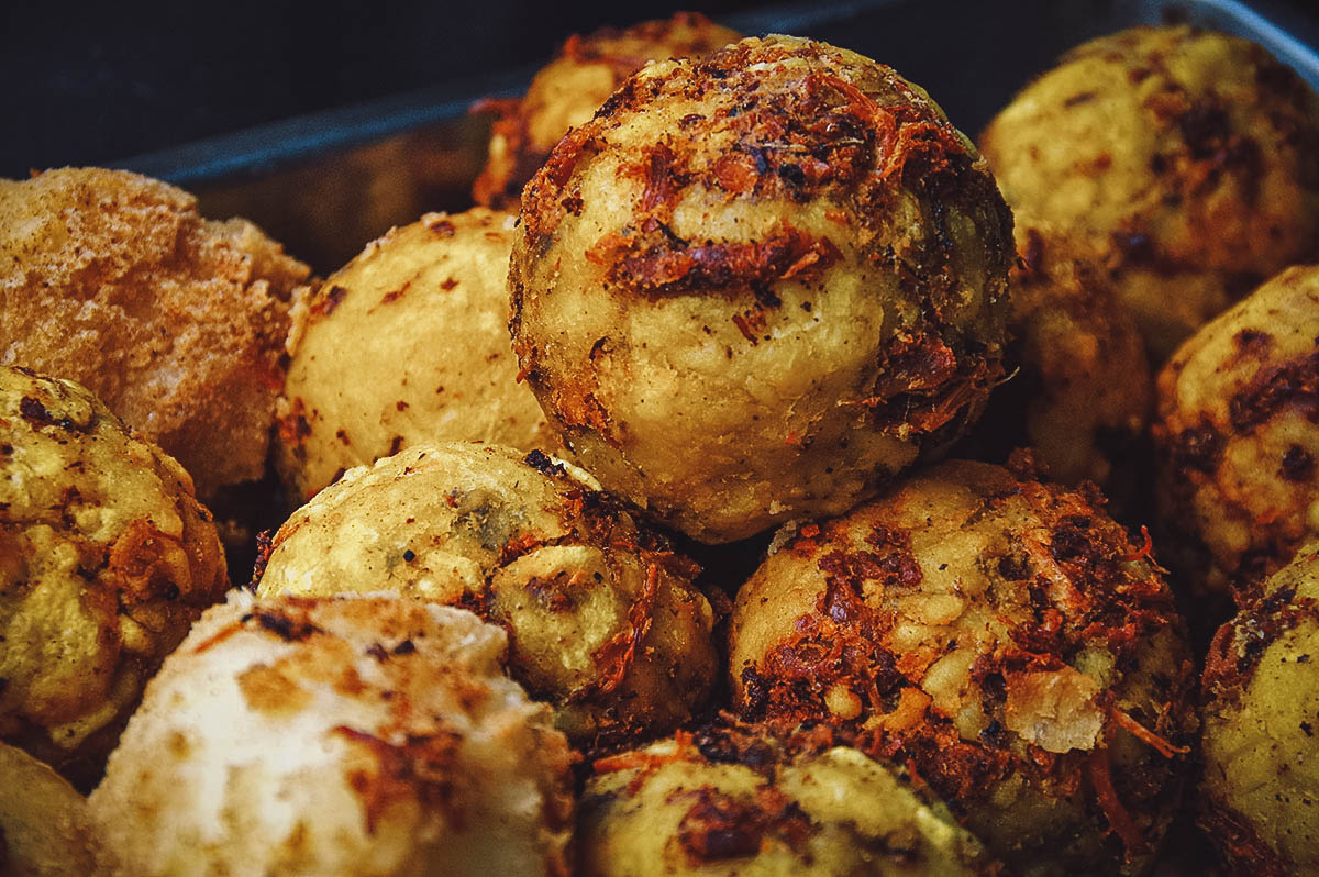 Balls of bolon de verde, a traditional Ecuadorian food made with green plantains