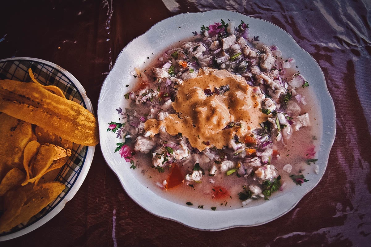 Ecuadorian fish ceviche with a side of crunchy plantain chips