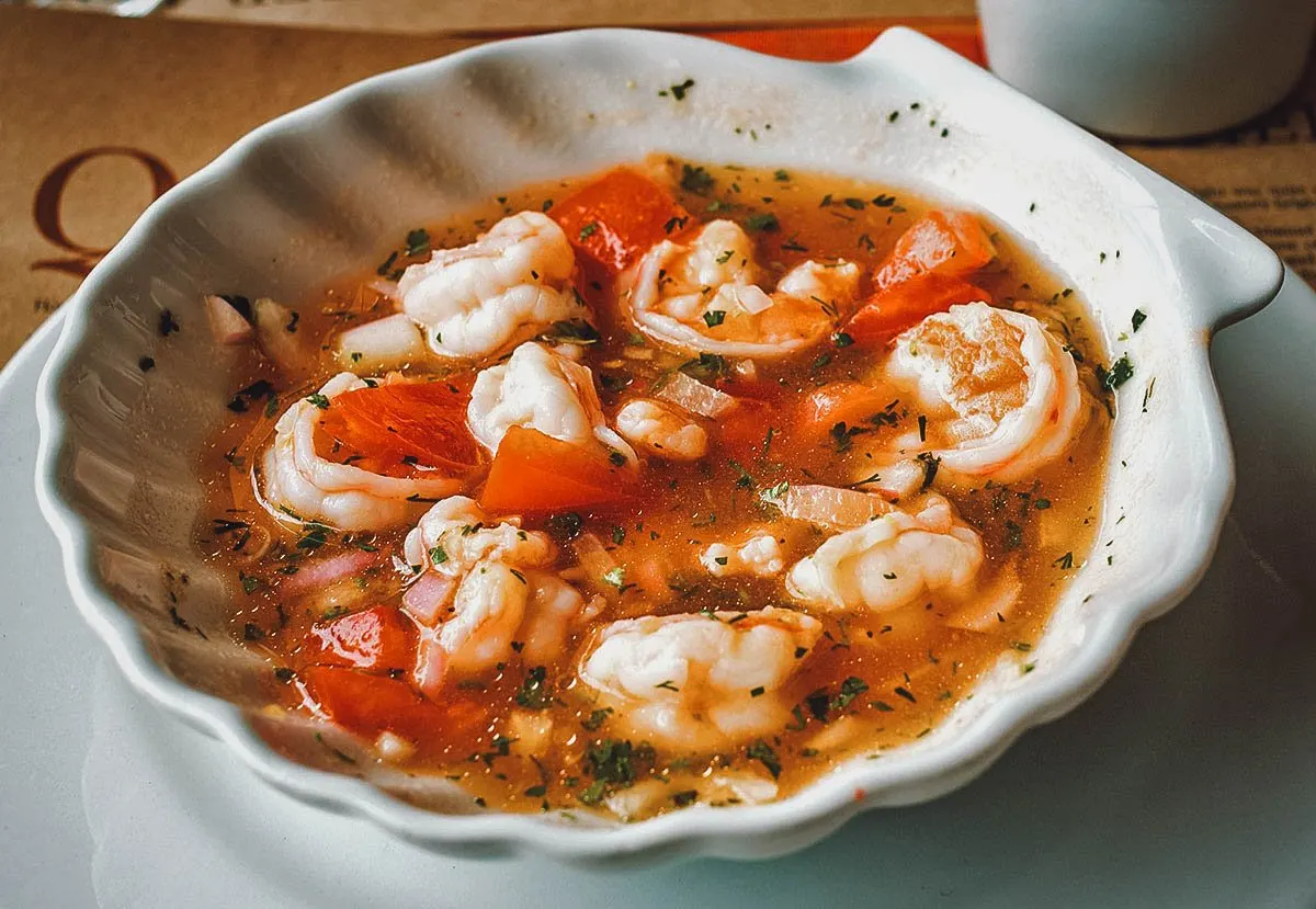 Bowl of Ecuadorian shrimp ceviche