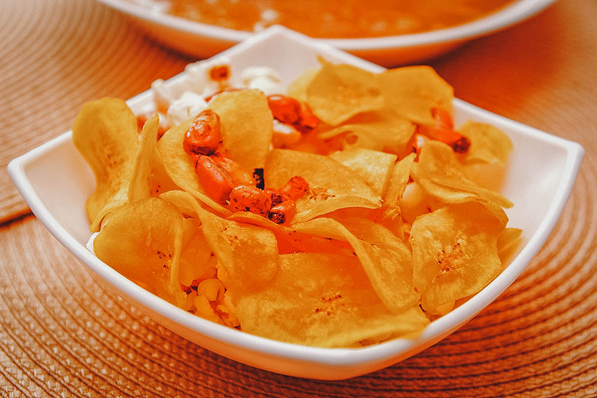 Bowl of chifles, thinly sliced Ecuadorian chips made from fried plantains