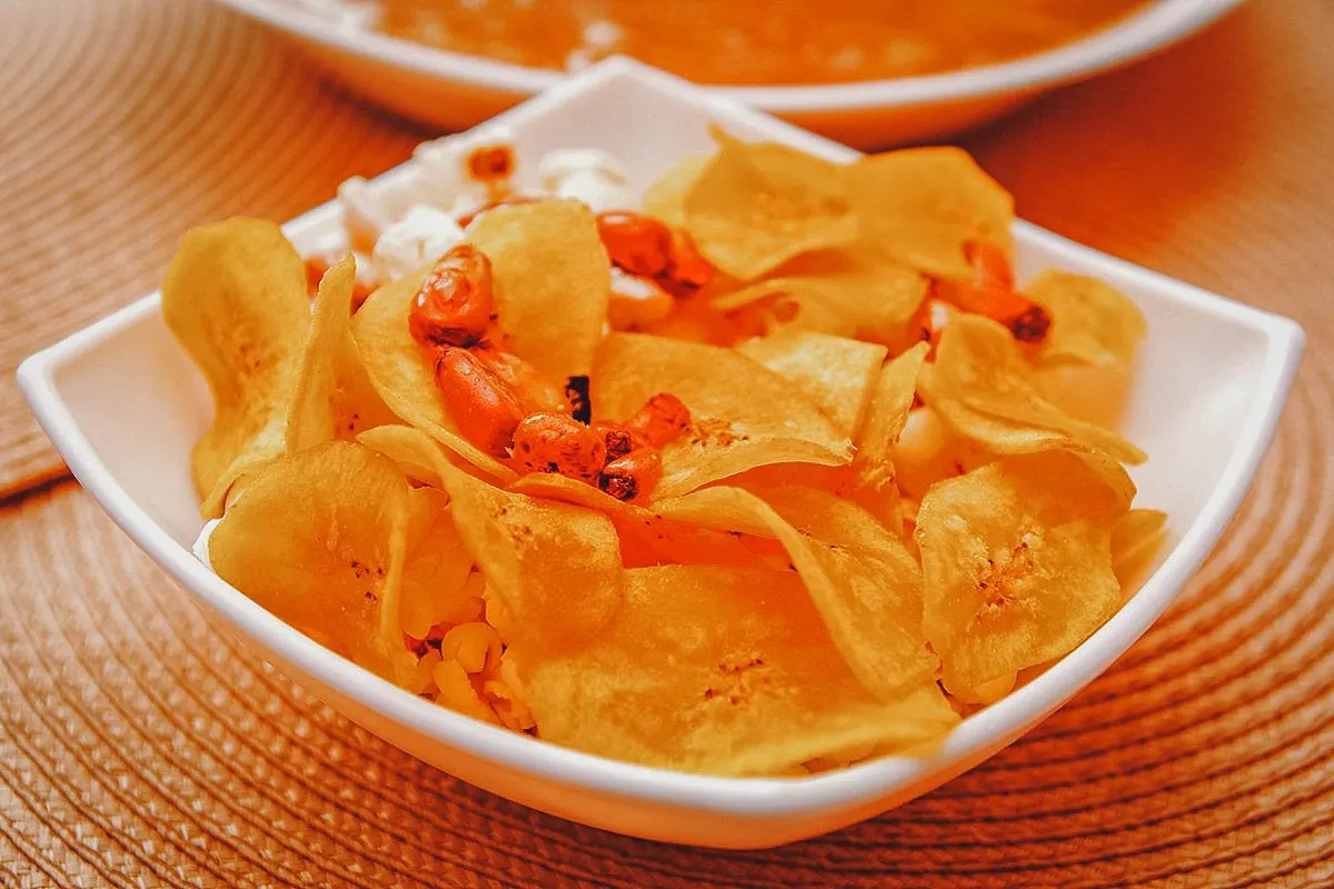 Ecuadorian Food Bowl of chifles, thinly sliced Ecuadorian chips made from fried plantains