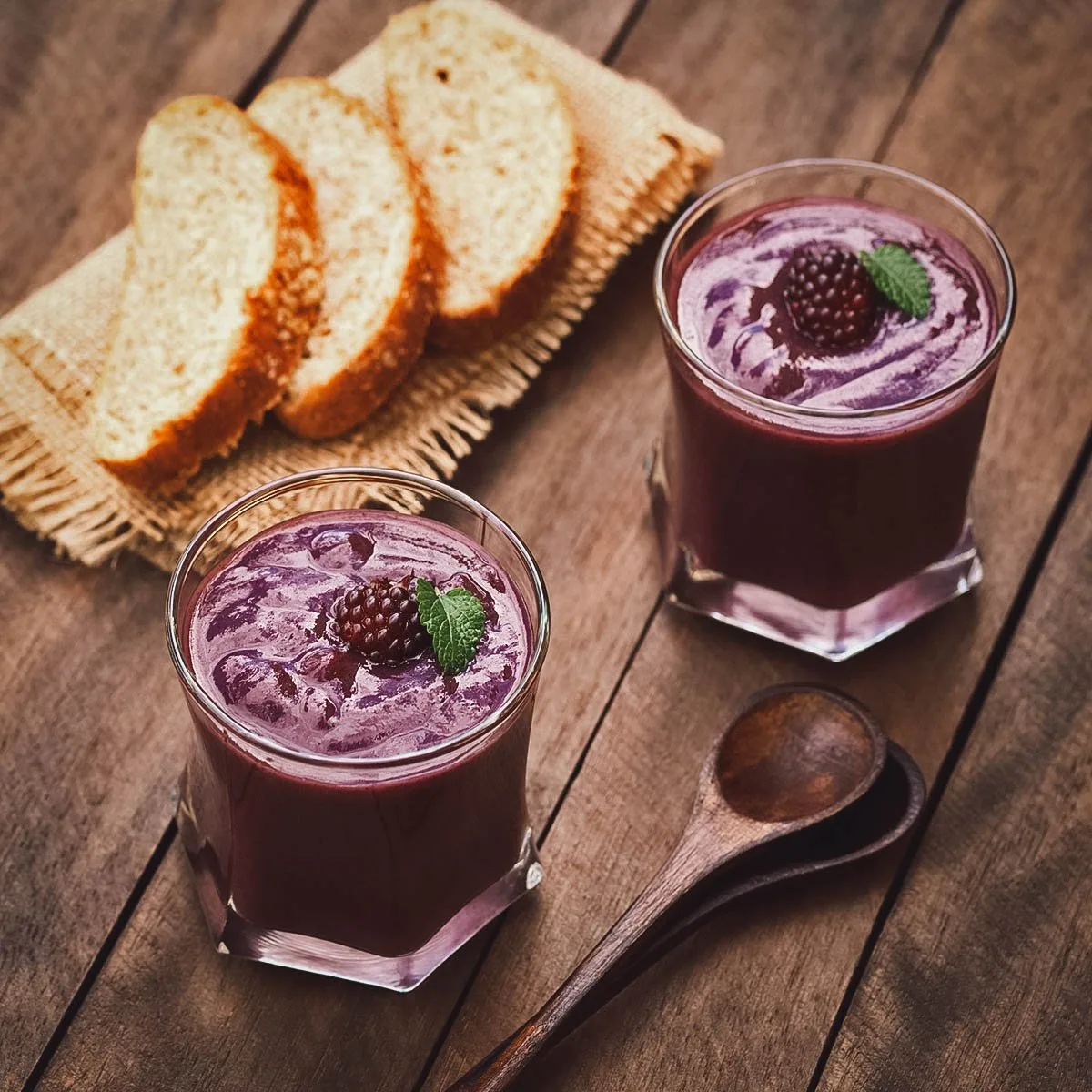 Glasses of colada morada, a purple Ecuadorian drink made to commemorate the dead