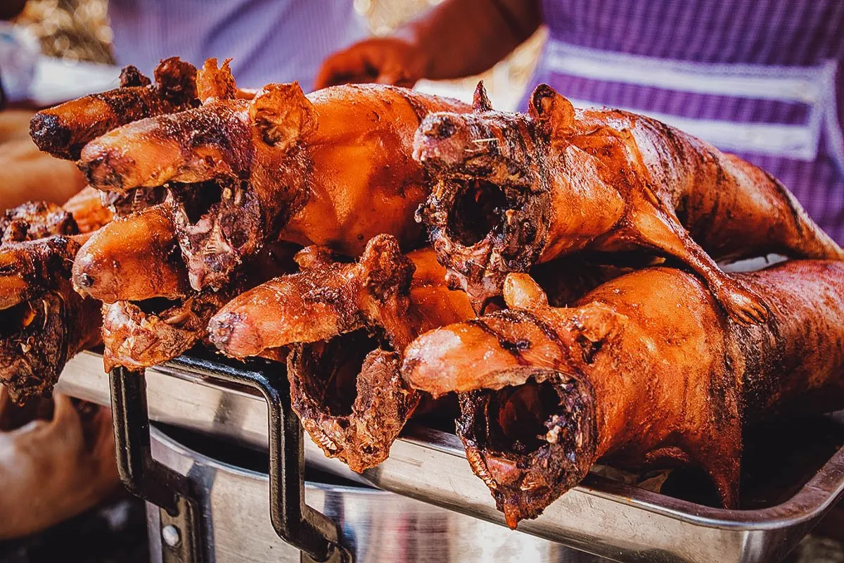 Stack of cuy asado or Ecuadorian roasted guinea pig at a market in Quito