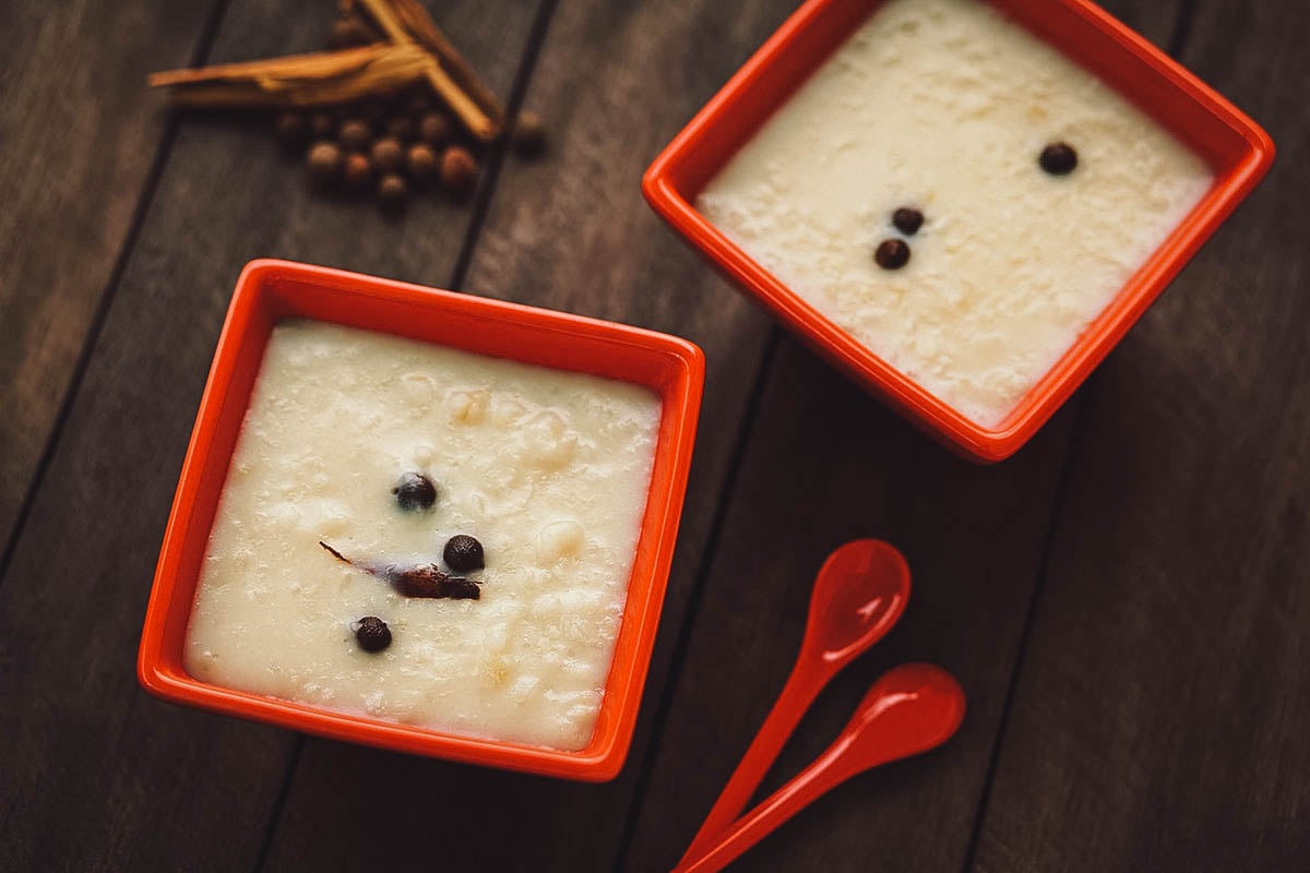 Bowls of morocho, a comforting Ecuadorian dessert made with cracked hominy corn