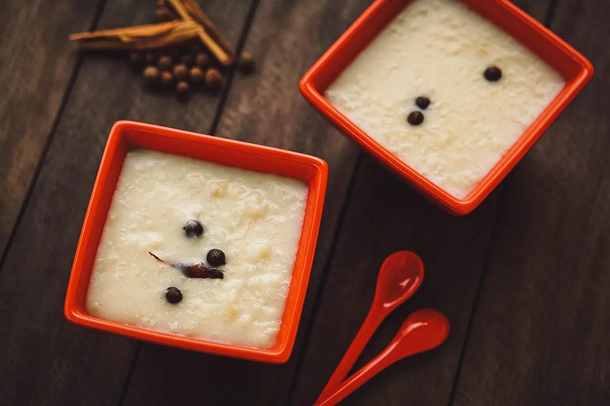 Ecuadorian Food Bowls of morocho, a comforting Ecuadorian dessert made with cracked hominy corn