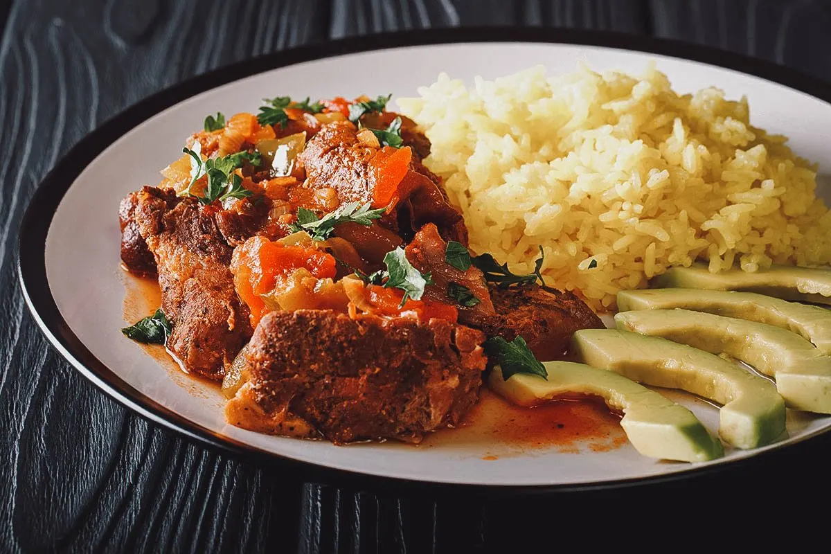 Ecuadorian Food Seco de chivo, Ecuadorian stew made with goat meat
