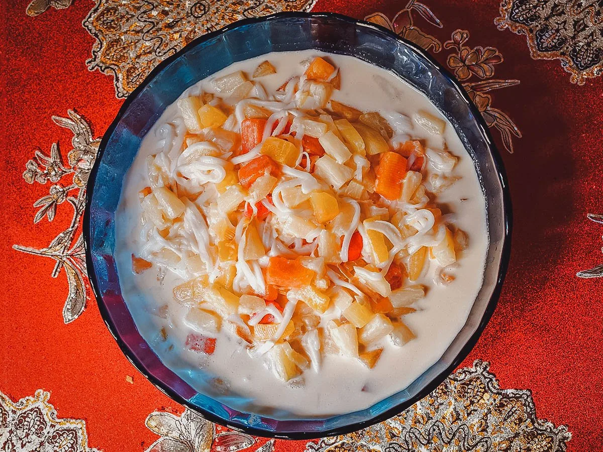 Filipino Desserts Bowl of Filipino-style fruit salad, a refreshing dessert made with fruit cocktail and condensed milk