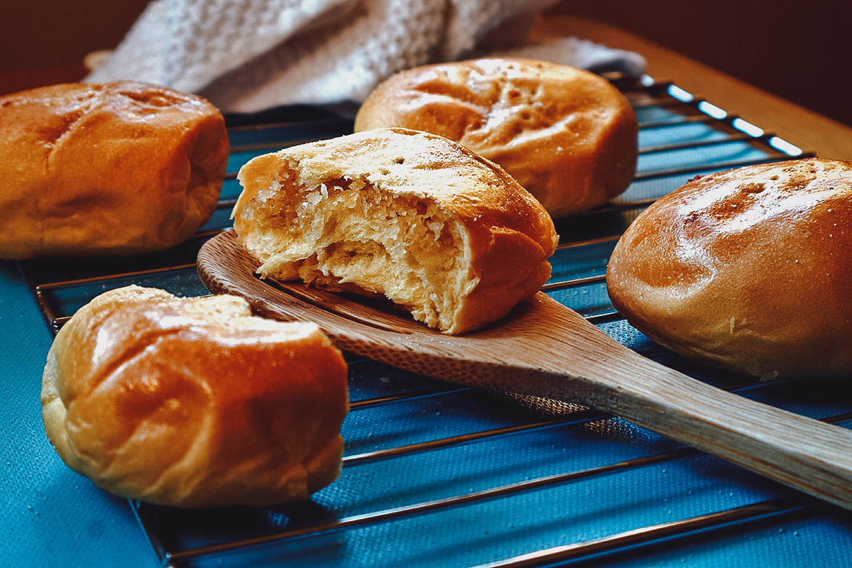 Loaves of pan de coco, a Filipino sweet bread filled with grated coconut