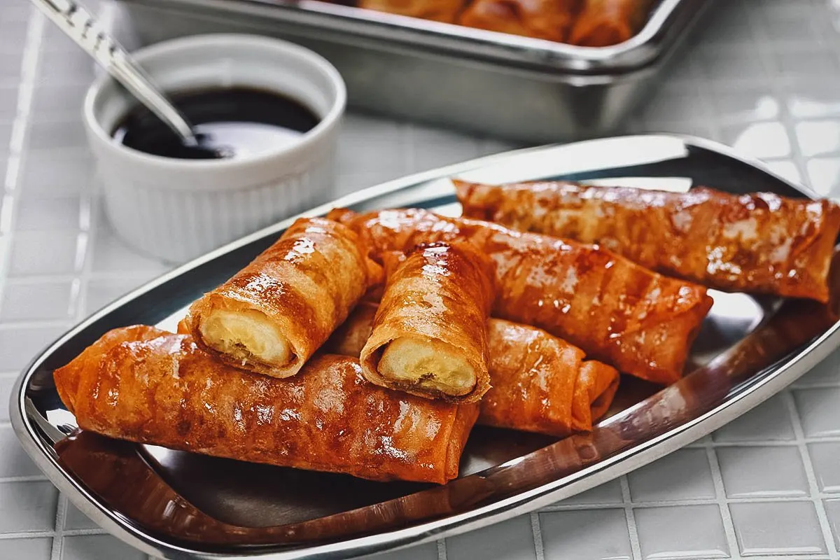 Platter of turon, deep-fried plantains wrapped in lumpia wrapper