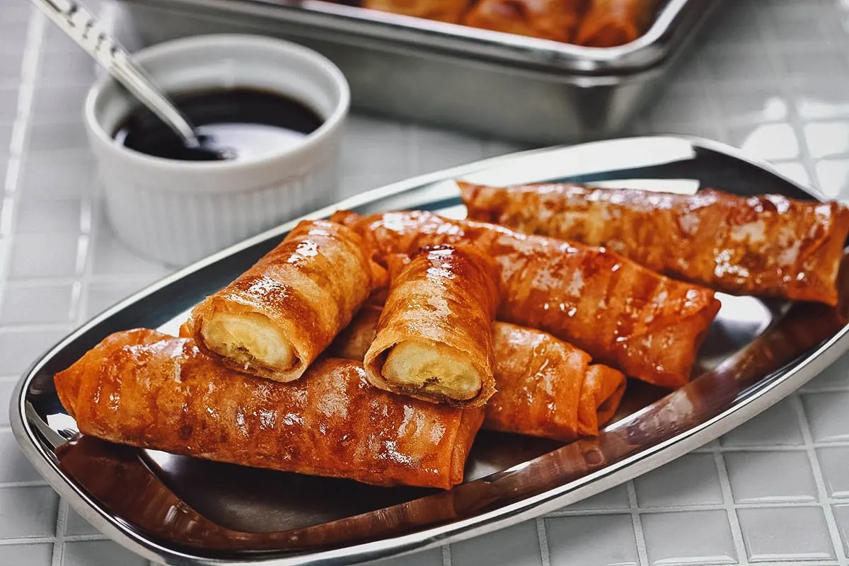 Filipino Desserts Platter of turon, deep-fried plantains wrapped in lumpia wrapper