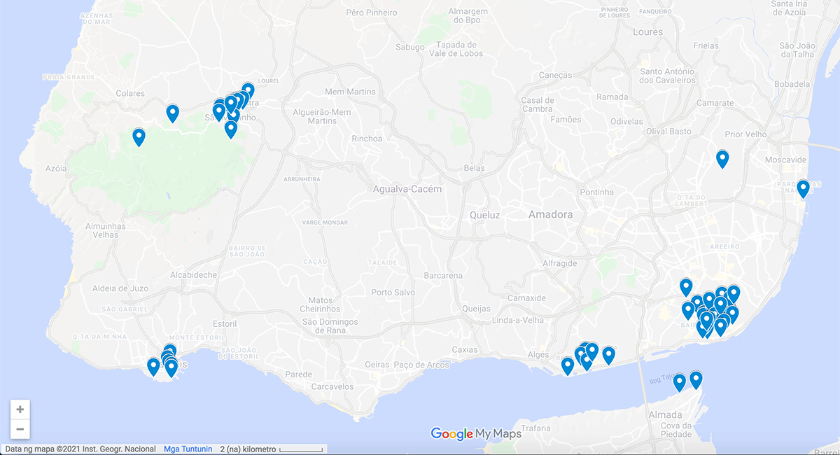 Map with points of interest in Lisbon, Portugal