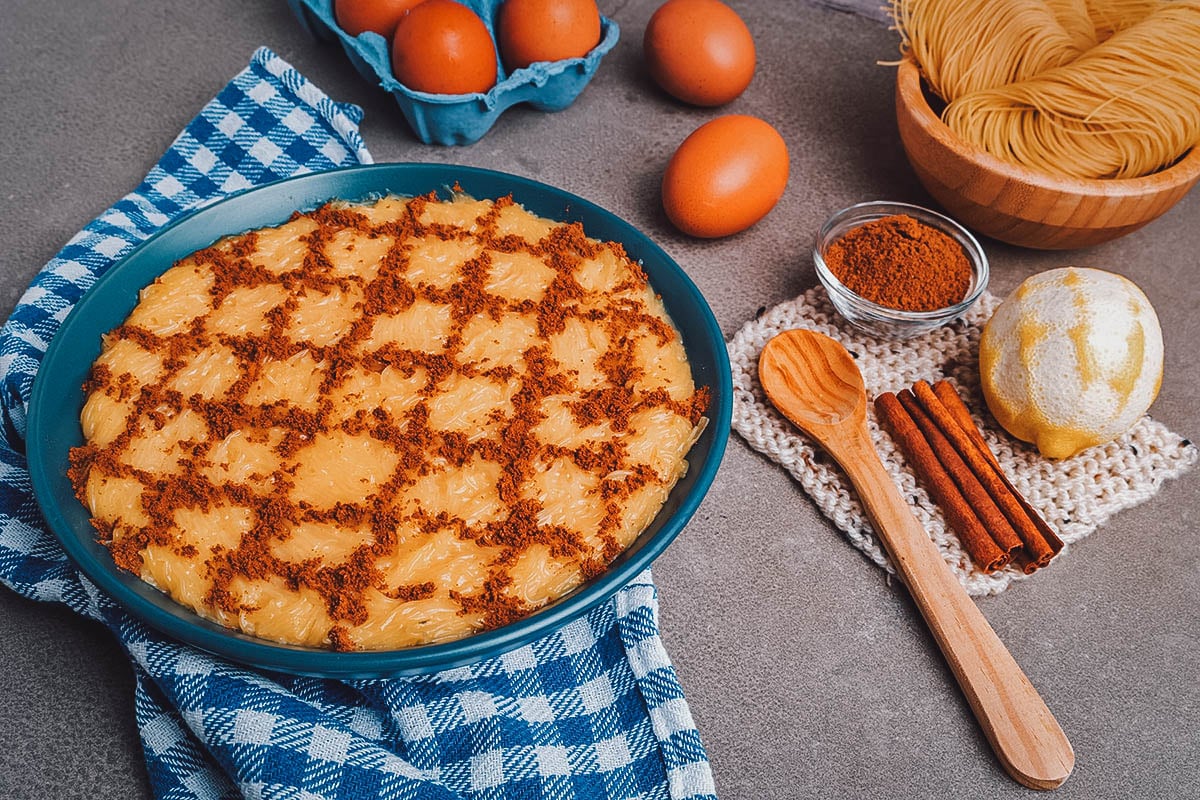 Pan of aletria, a creamy Portuguese noodle dessert