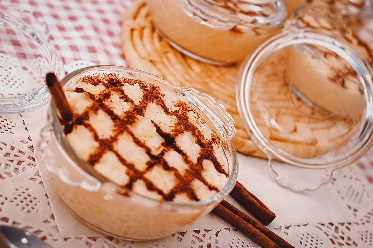 Portuguese Desserts Bowl of arroz doce, a creamy Portuguese rice pudding dessert