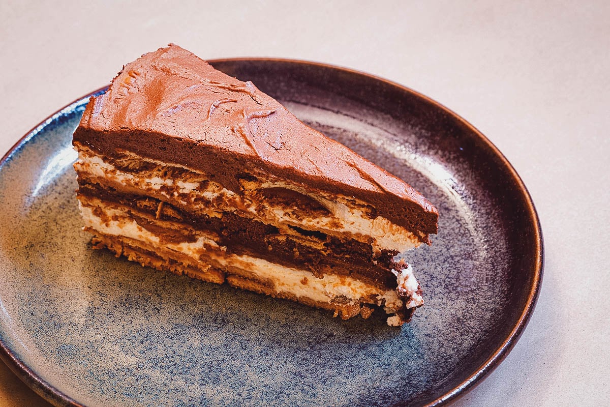 Bolo de bolacha, a Portuguese no-bake cake made with Maria biscuits and chocolate mousse