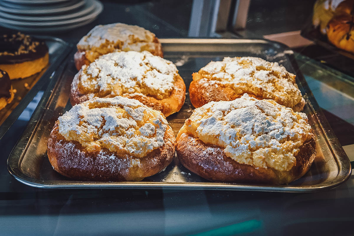 Tray of pao de deus, Portuguese pastries made with coconut