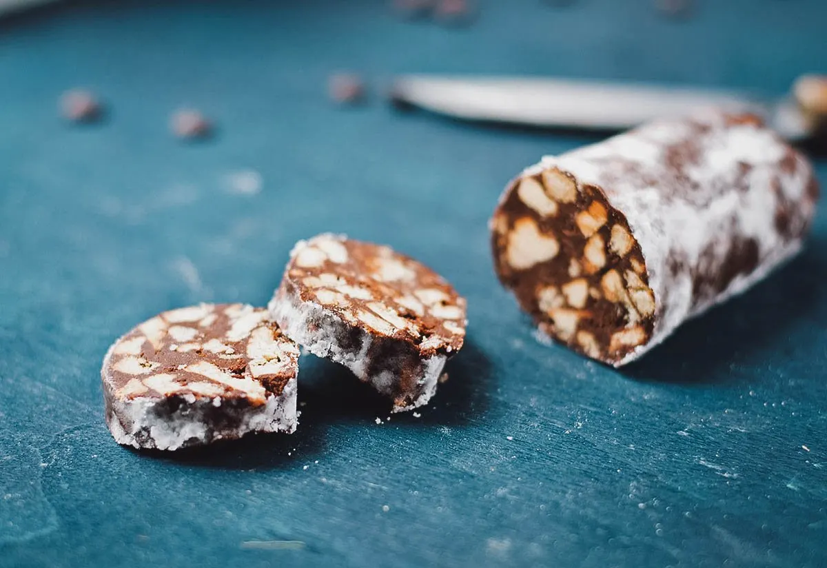 Portuguese Desserts Dark chocolate salami, one of the most beloved Portuguese sweets