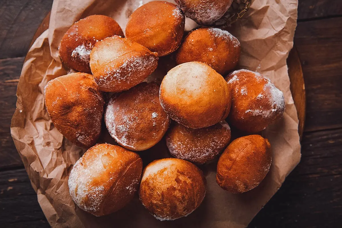 Spanish Desserts Tray of bunuelos de viento, light and airy Spanish fritters
