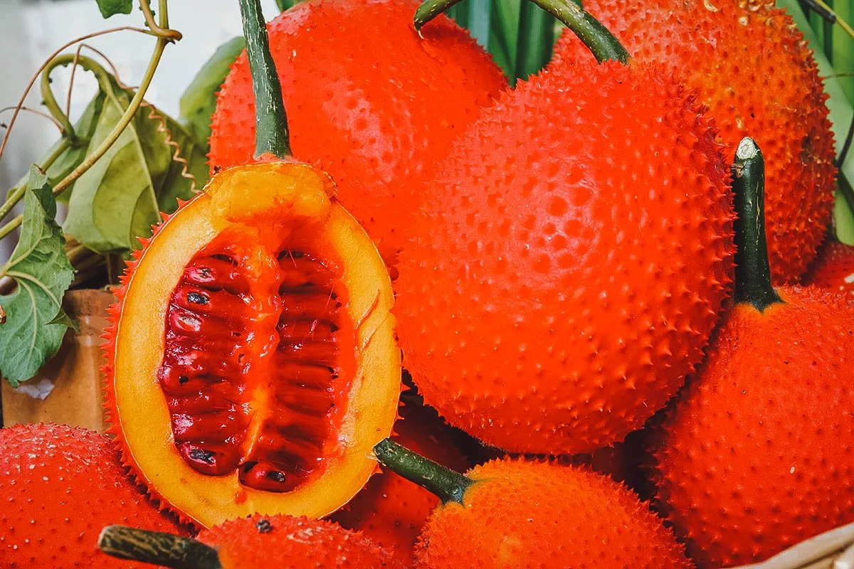 Gac, an exotic Thai fruit with bright reddish-orange skin