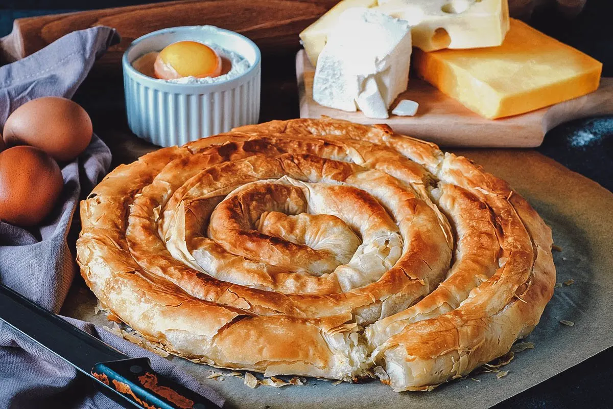 Bulgarian Food Banitsa, a traditional Bulgarian dish made with stuffed phyllo pastry