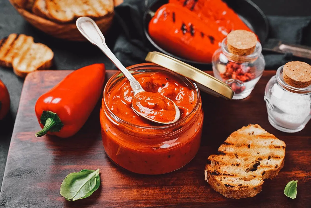 Bulgarian Food Lyutenitsa, a Bulgarian relish made with hot red pepper and eggplant