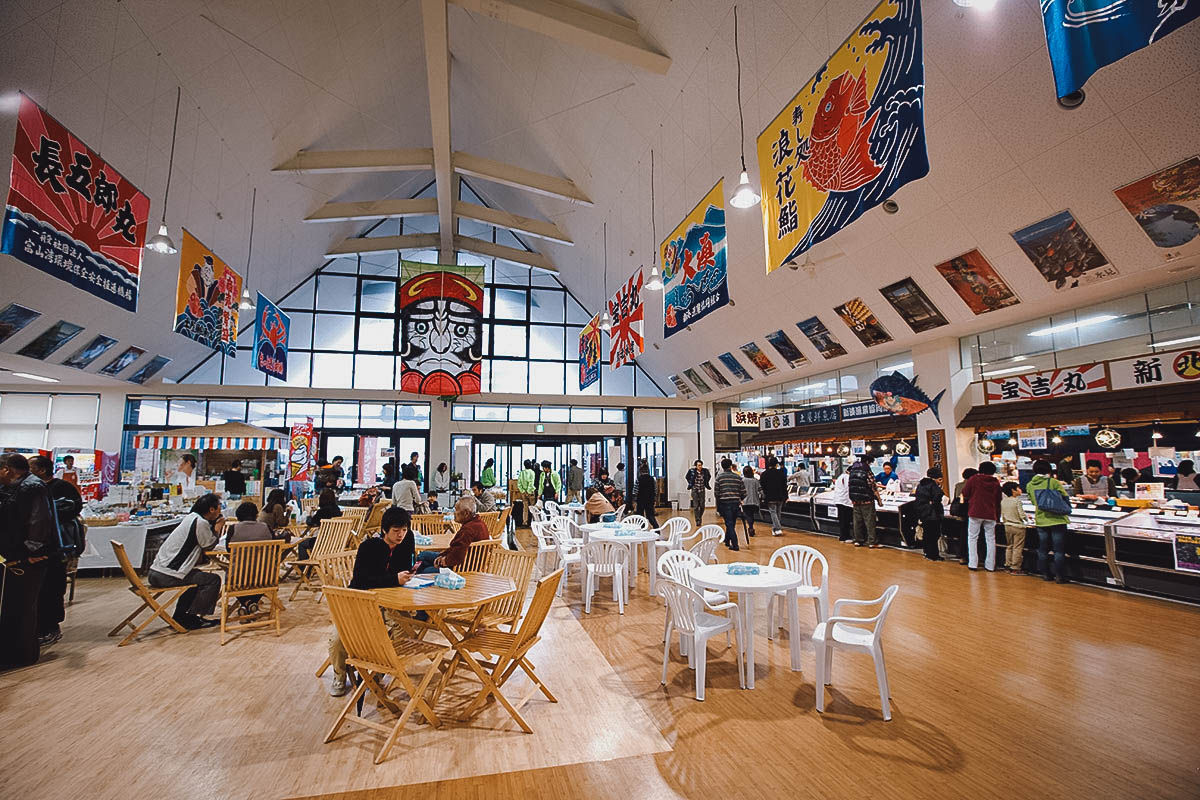 Dining area at Shinminato Kittokito Fisherman’s Wharf in Toyama, Chubu, Japan