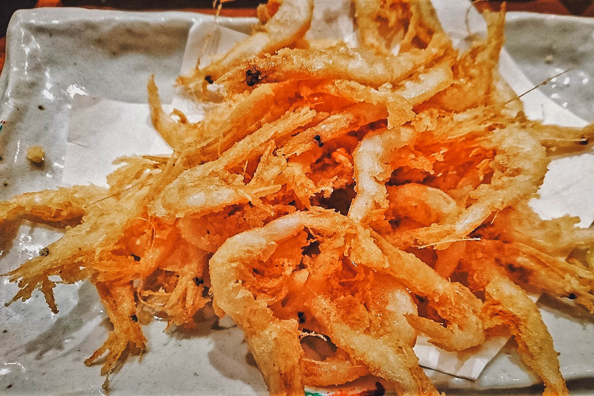 Deep-fried shiroi ebi, a specialty of Toyama prefecture