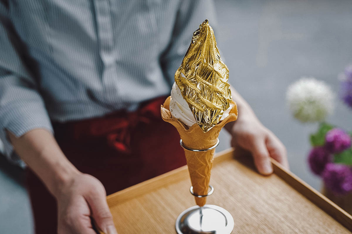 Gold leaf soft cream in Kanazawa, Chubu, Japan