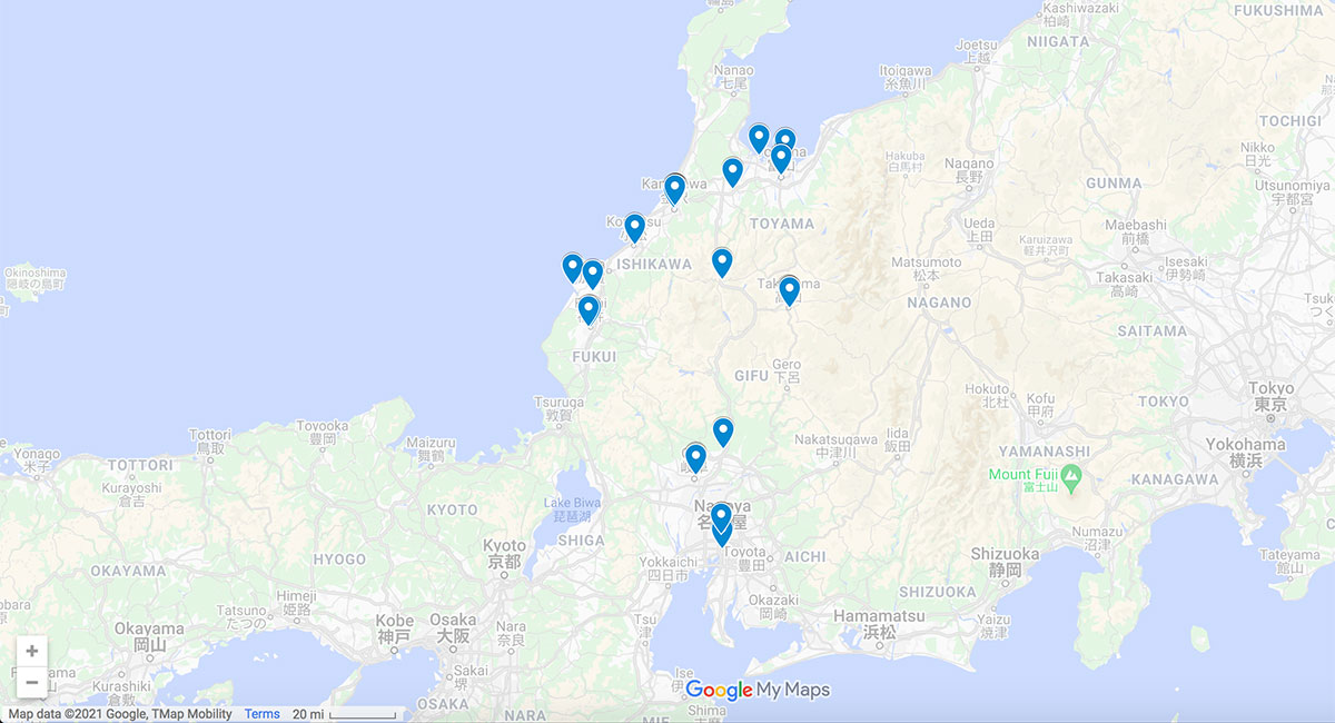 Chubu region map with pins