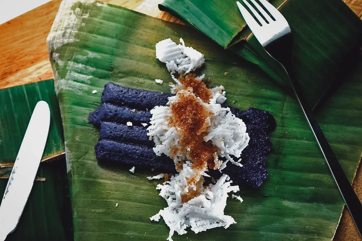 Puto bumbong, a beautiful purple Filipino dessert served over Christmas