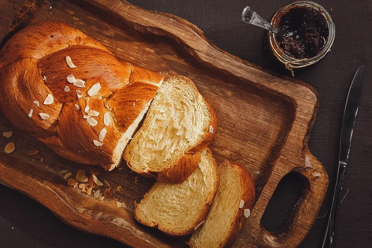 Brioche, a richer type of French bread or pastry made with more butter and eggs