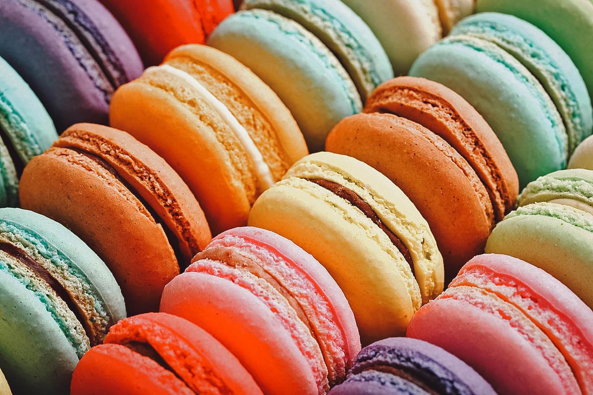 Multi-colored French macarons, a meringue-based almond cookie sandwich
