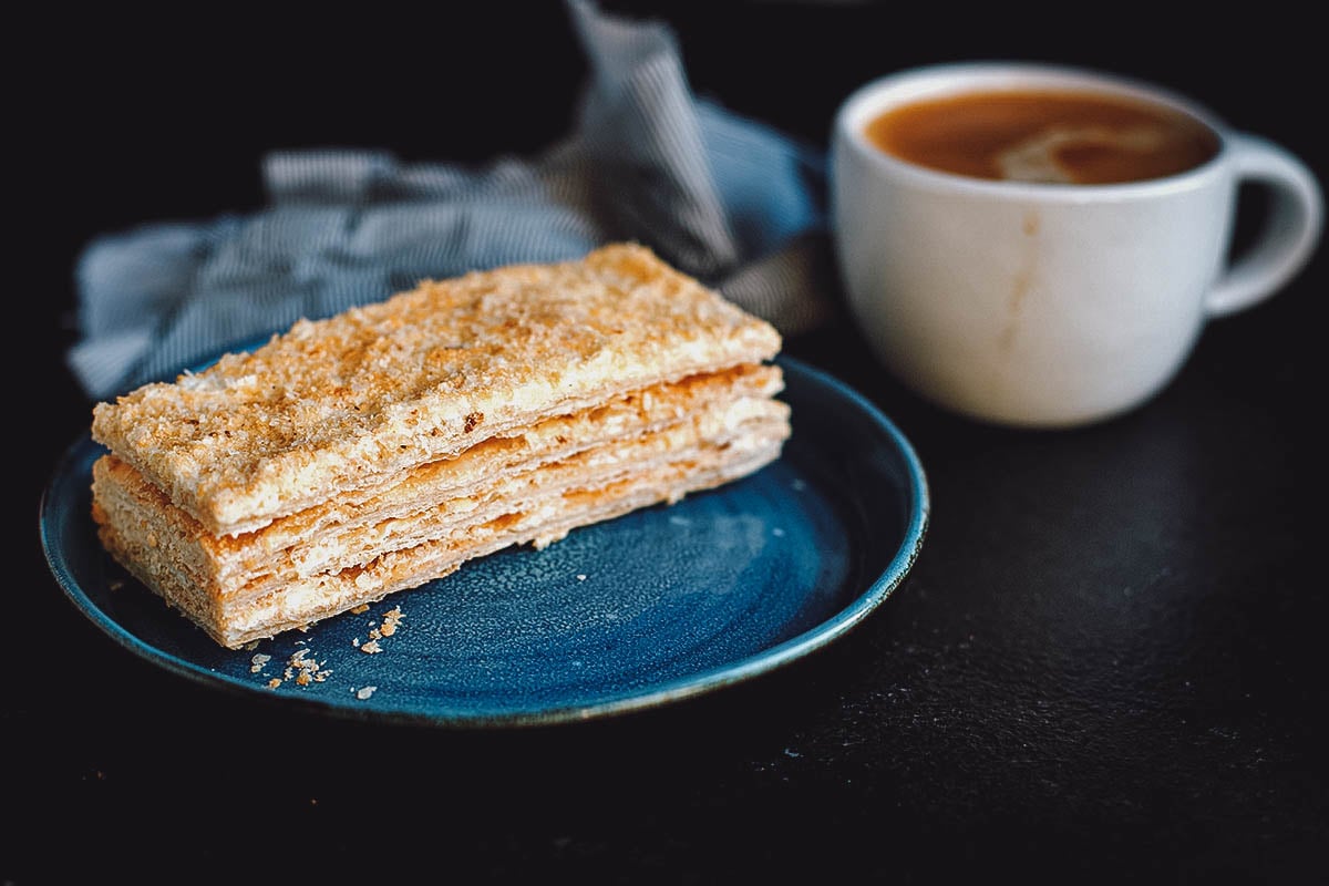 Mille-feuille, French layered cake made with alternating layers of puff pastry and custard