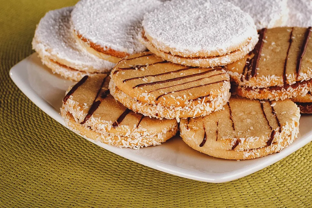 Peruvian Desserts Alfajores, a Peruvian dessert made with dulce de leche and powdered sugar