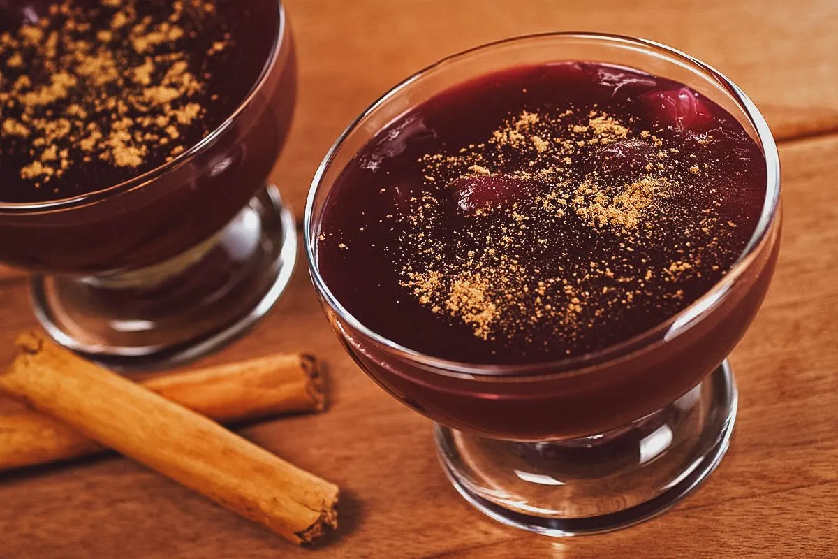 Peruvian Desserts Mazamorra morada, Peruvian purple corn pudding thickened with sweet potato starch