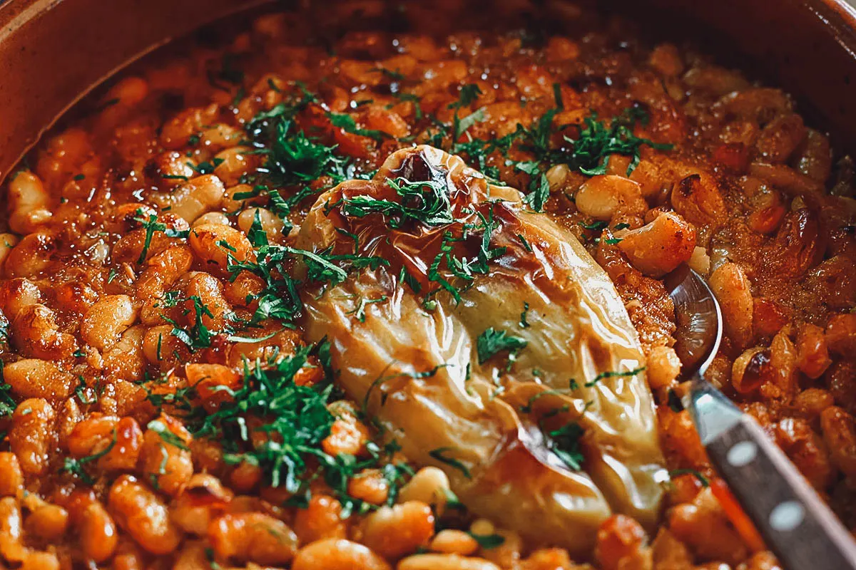 Pot of prebranac or Serbian stew made with baked beans