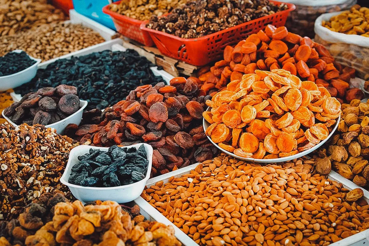 Dried nuts and fruits at an Uzbek market