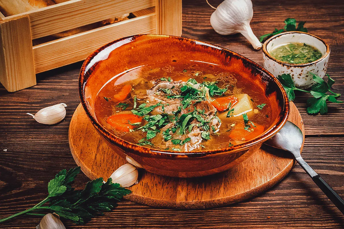 Shurpa, a thick and rich lamb soup in Uzbekistan