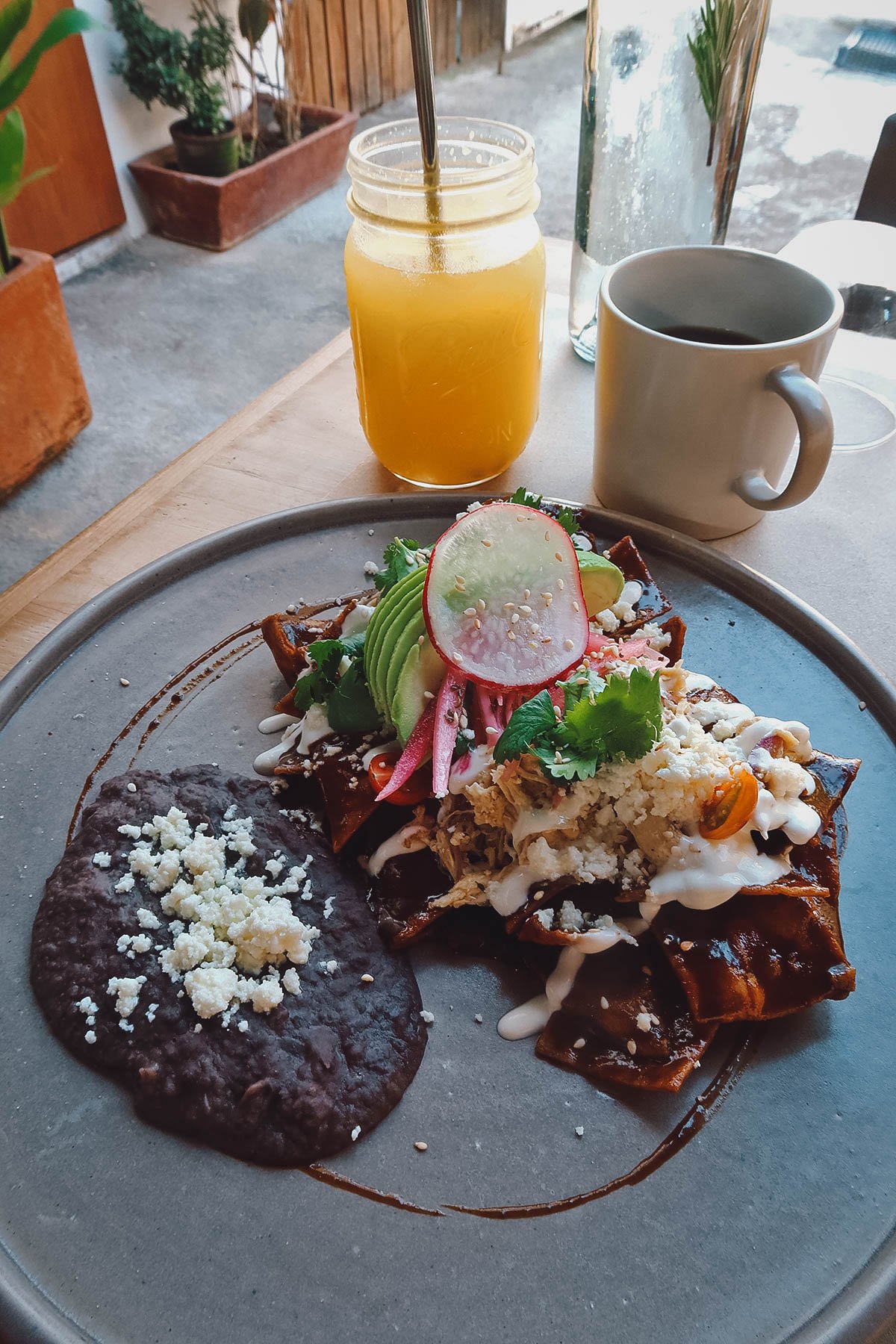 Chilaquiles con mole at Cha' in Puerto Vallarta