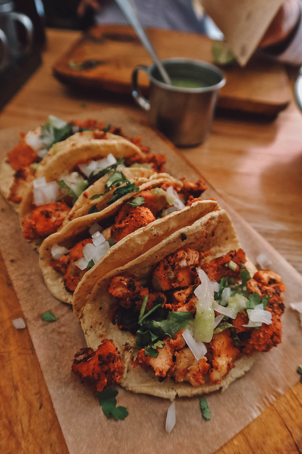 Set of 4 tacos al pastor at a restaurant in Guanajuato