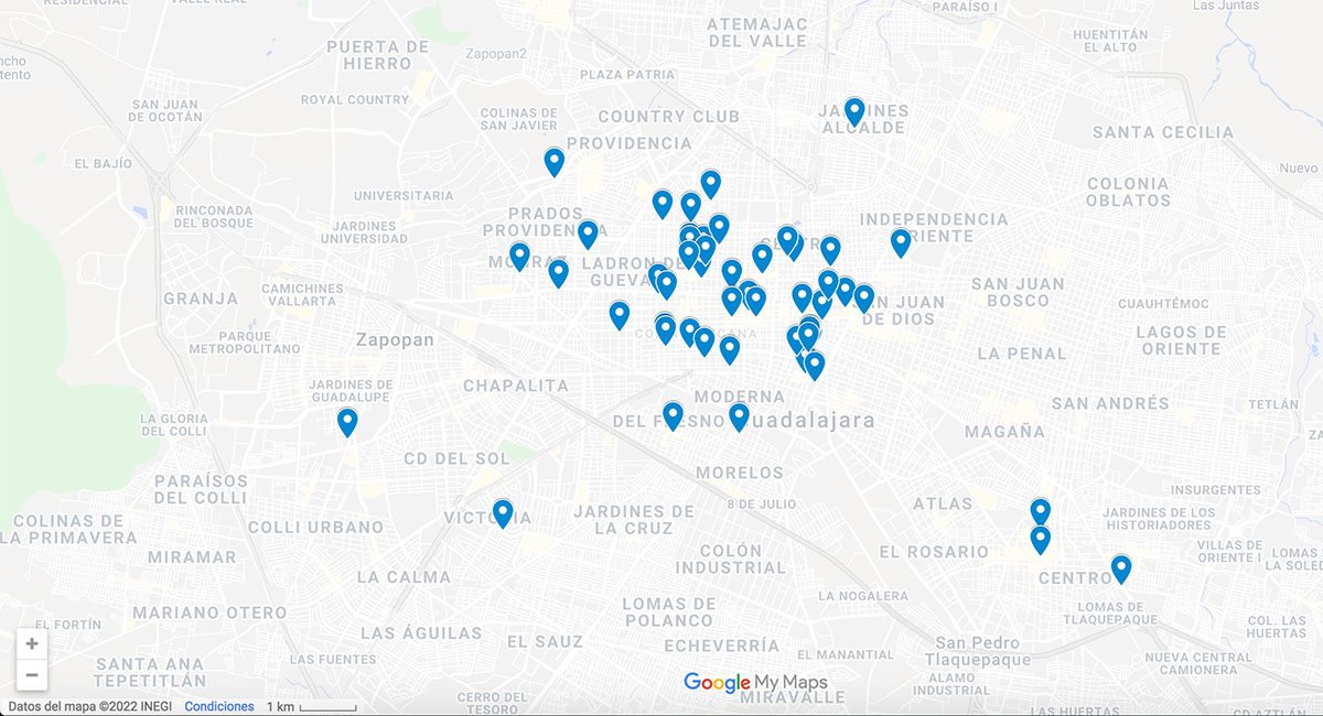 Guadalajara map with pins of restaurants