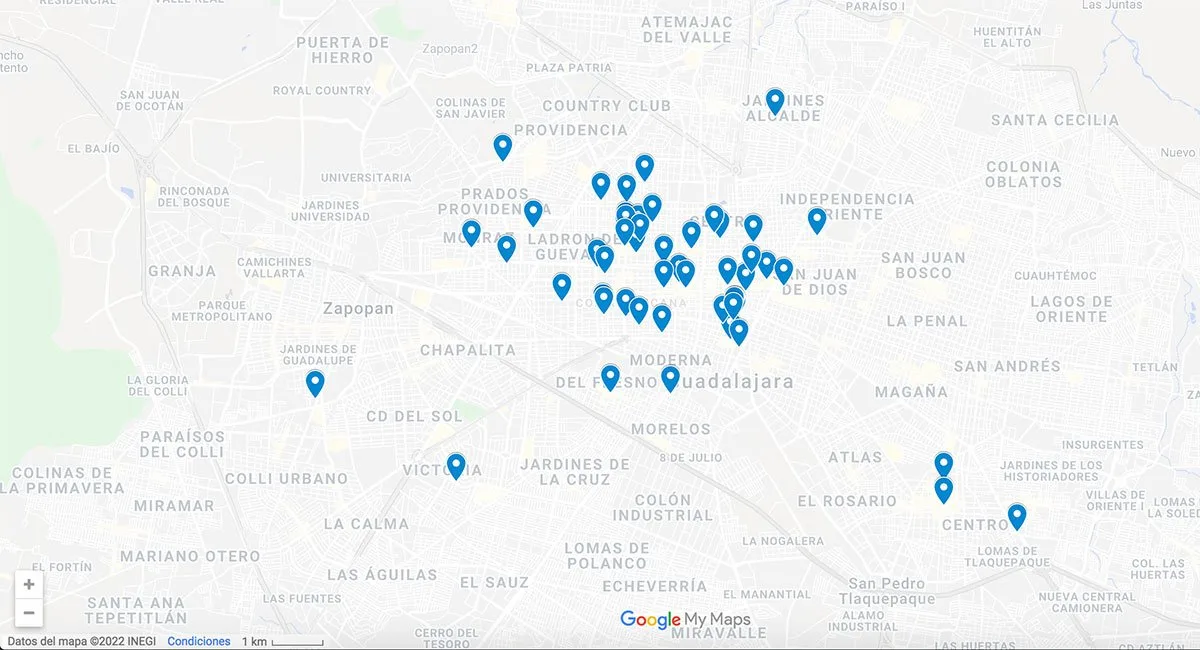 Guadalajara map with pins of restaurants